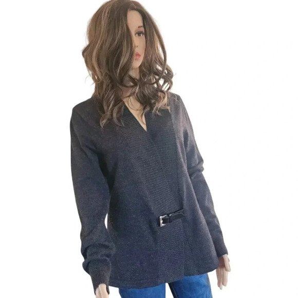Carole Little 100% Merino Wool Sweater Gray Long Sleeve Buckle Size Large - Picture 8 of 8